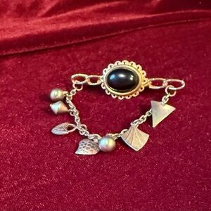 Vintage Chatelaine Bar Lapel Brooch Pin and Black Cabochon Gold Tone Hearts Ball